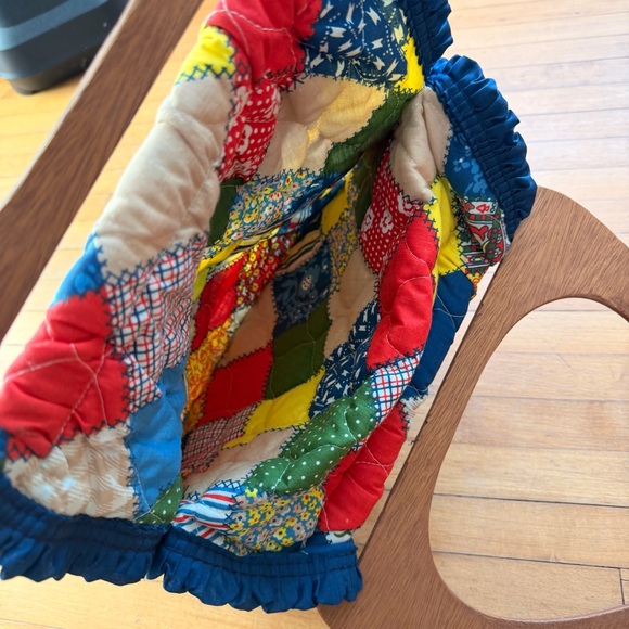 Vintage LARGE PATCHWORK PURSE Bag Wood Wooden Handles 1970s Knitting Needlework - Picture 6 of 6